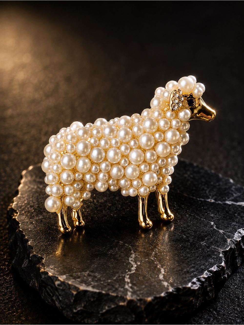 White Pearl accent Sheep Brooch - Gold & Cream/white tones - Picture 6 of 13